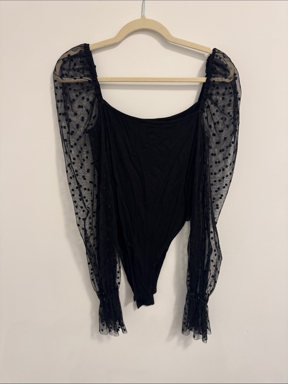 Sheer Polka Dot Puff Sleeve Black Bodysuit